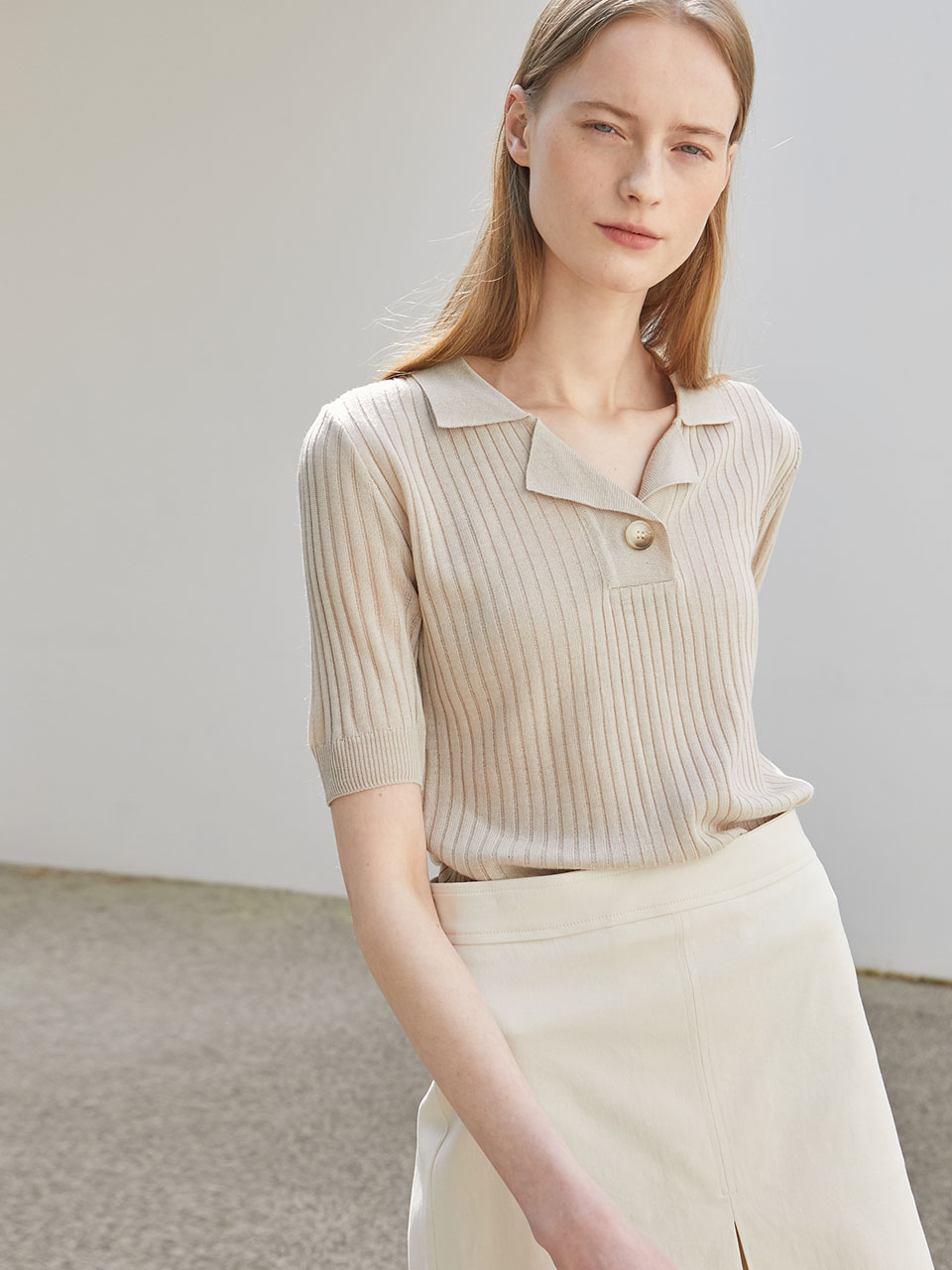 Ribbed Open Collar Knit - Beige