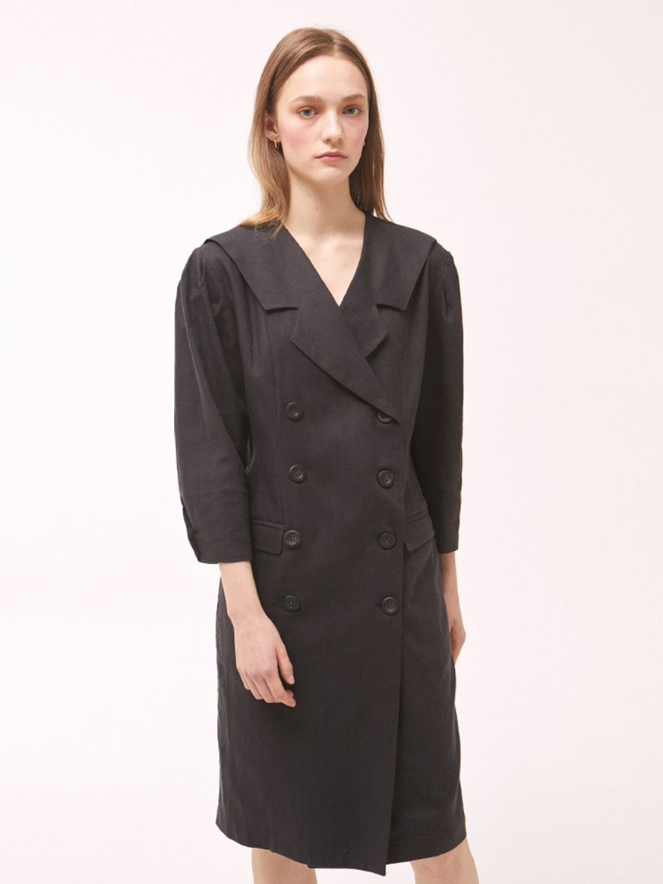 Linen Front Collar Jacket Dress - Navy