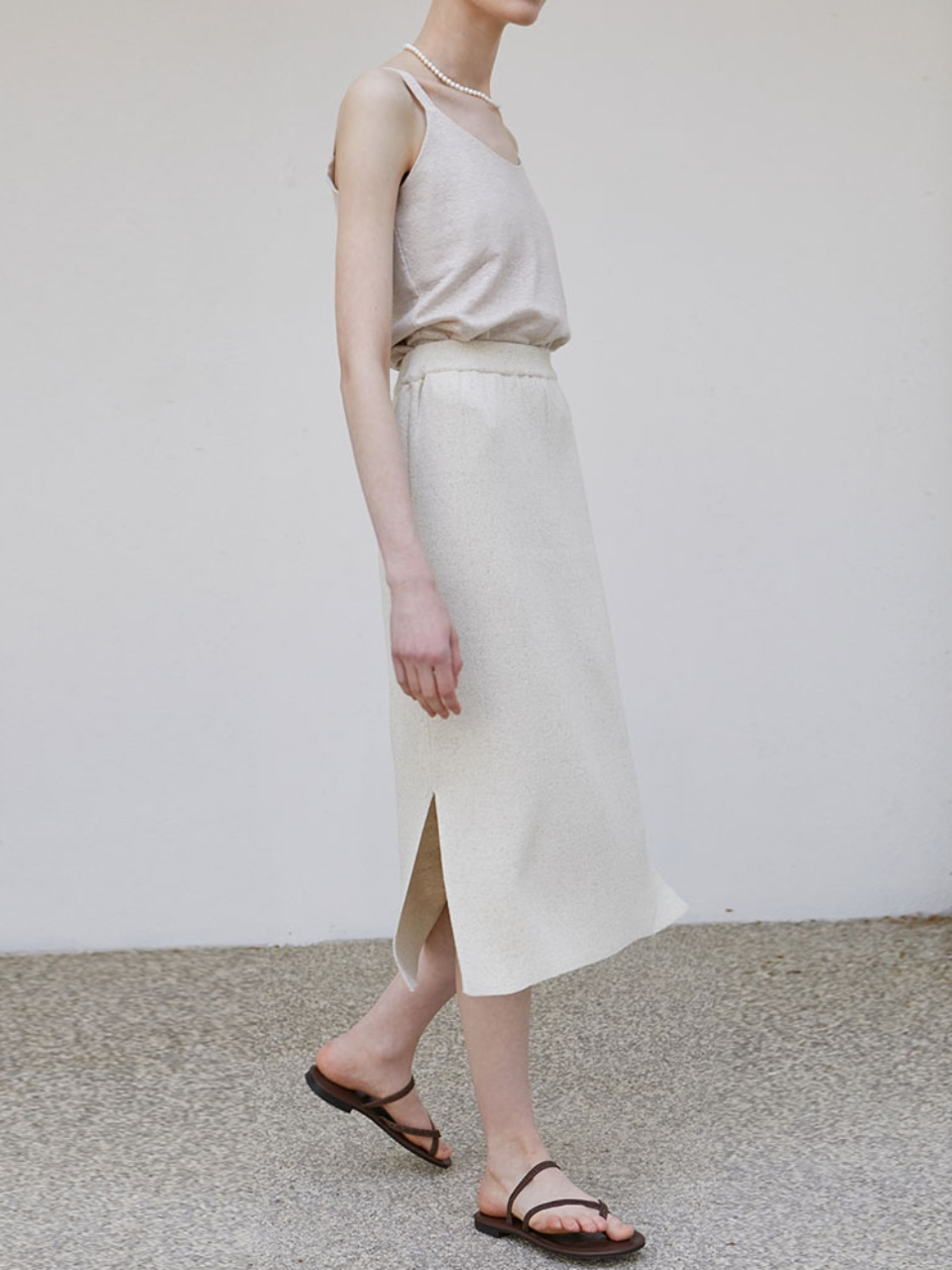 Linen Knit Slit Skirts - Oatmeal