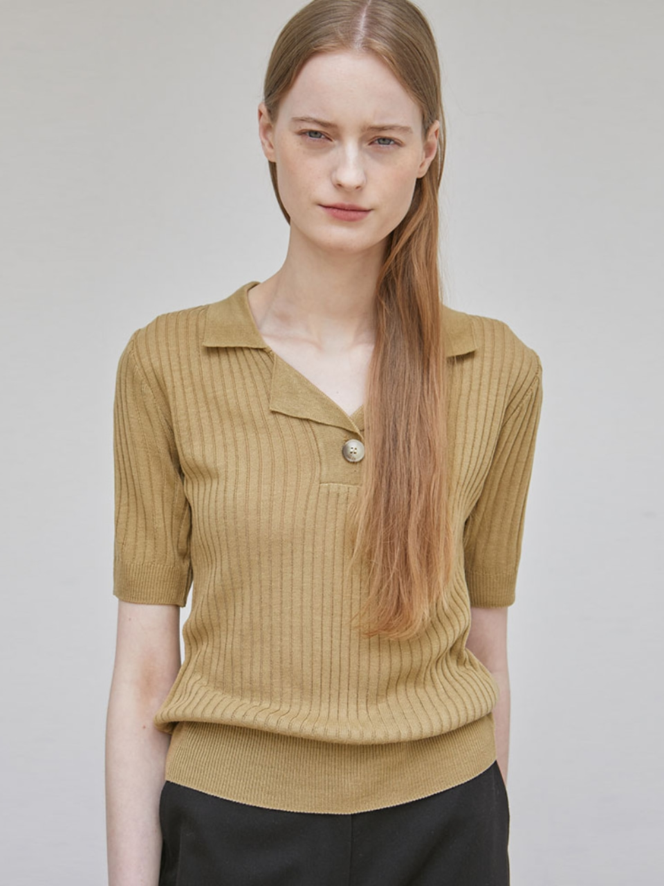 Ribbed Open Collar Knit - Olive
