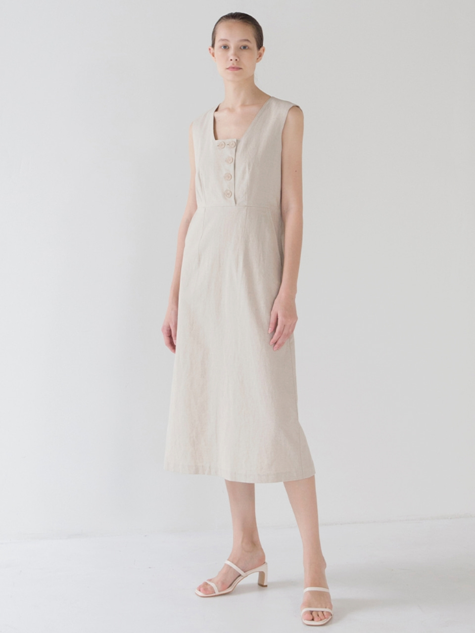 [굿프라이스] Linen Square Neck Dress - Ecru