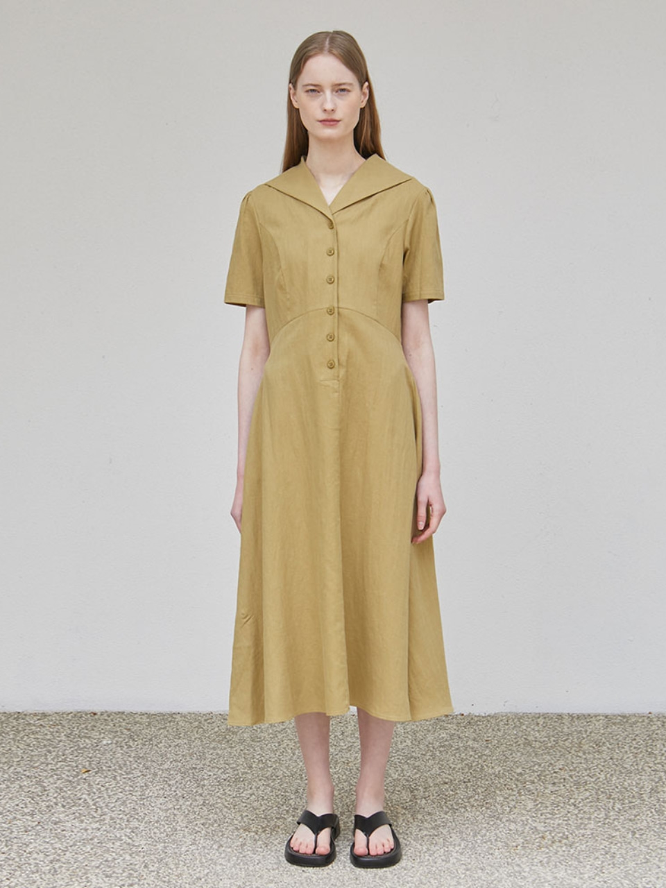 Linen Shirring Button Dress - Olive