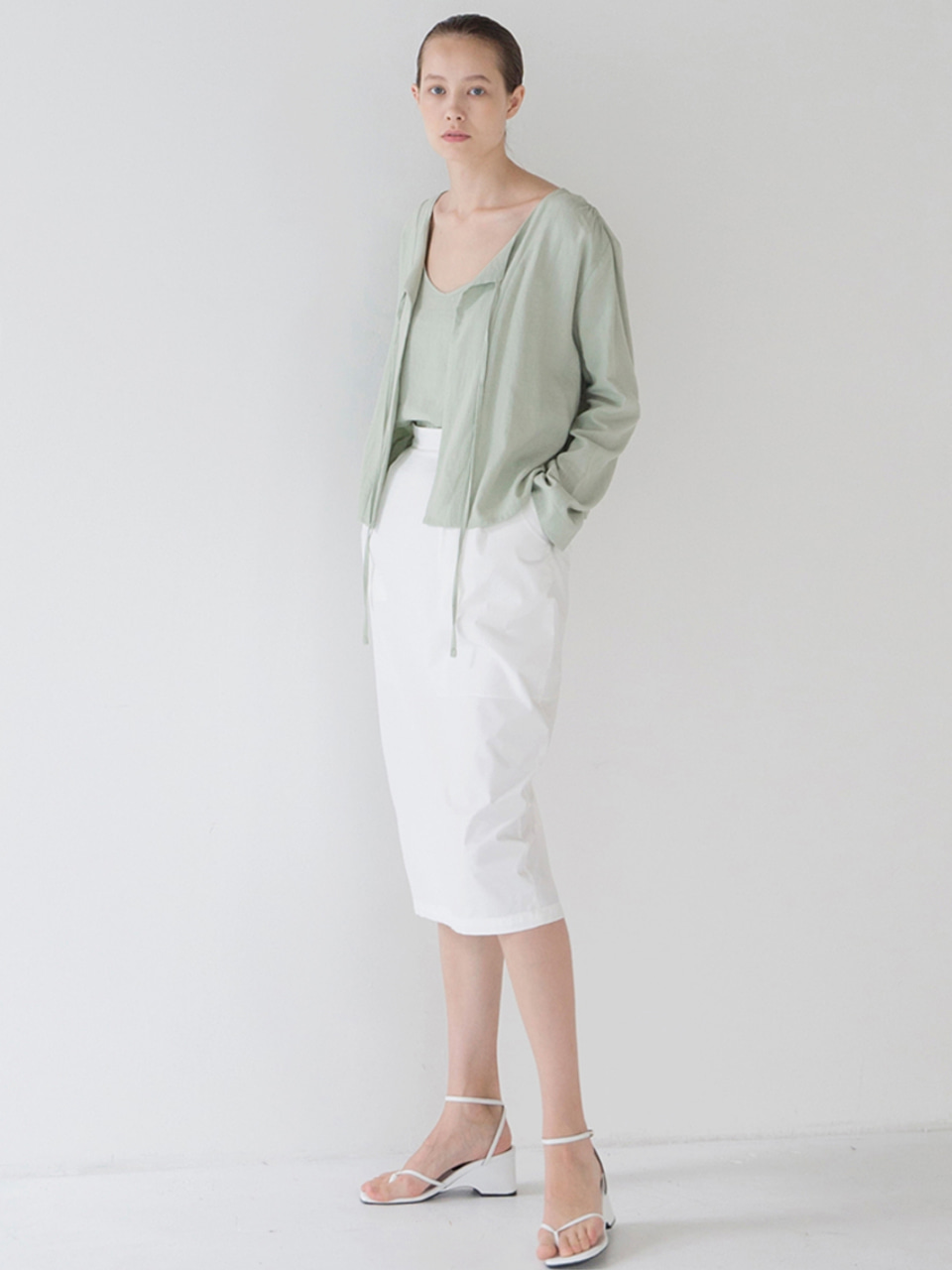 Linen Shirring Cardigan - Mint