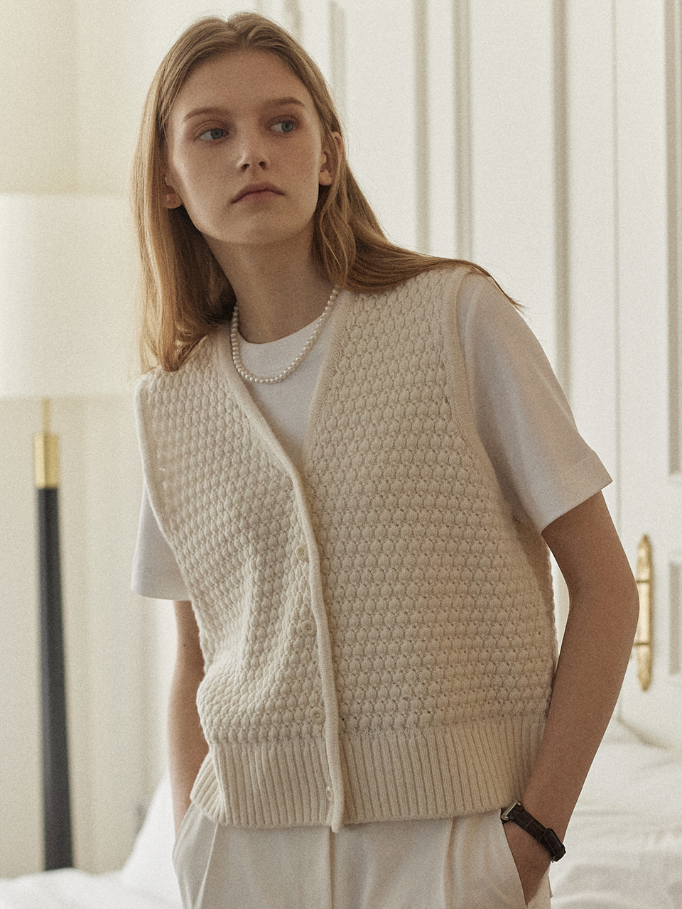 V-neck Tweed Knit Vest - Ivory