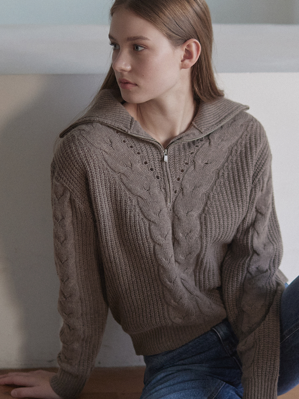 Wool Cable Half Zip-up Knit - Pine Wood