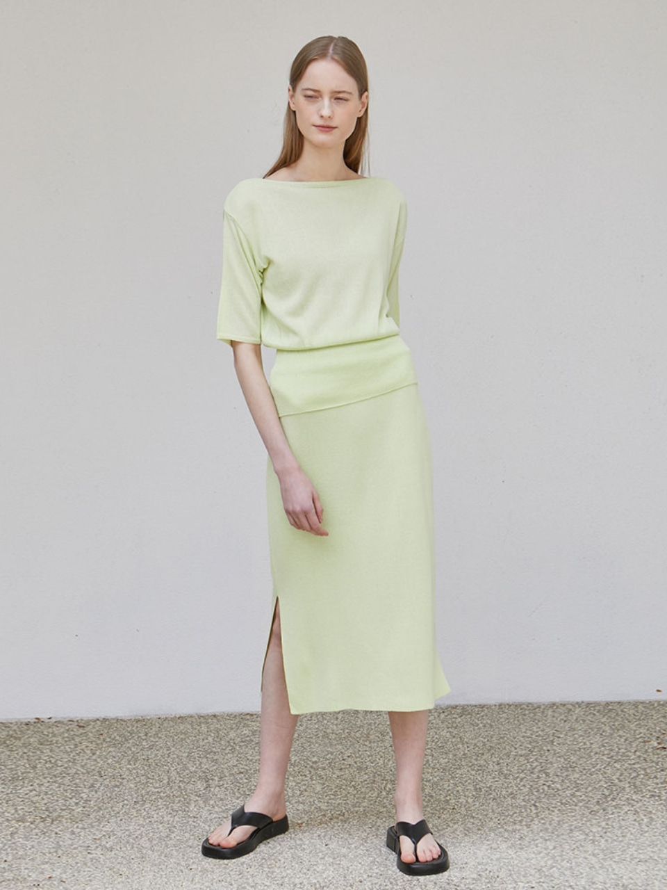 Linen Knit Slit Skirts - Lime