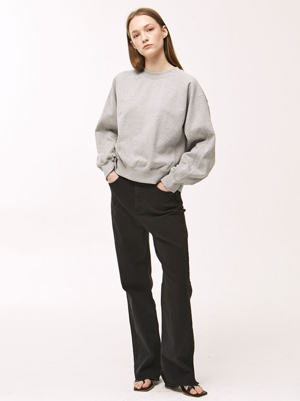 Rib Block Crop Sweatshirt - Melange Grey