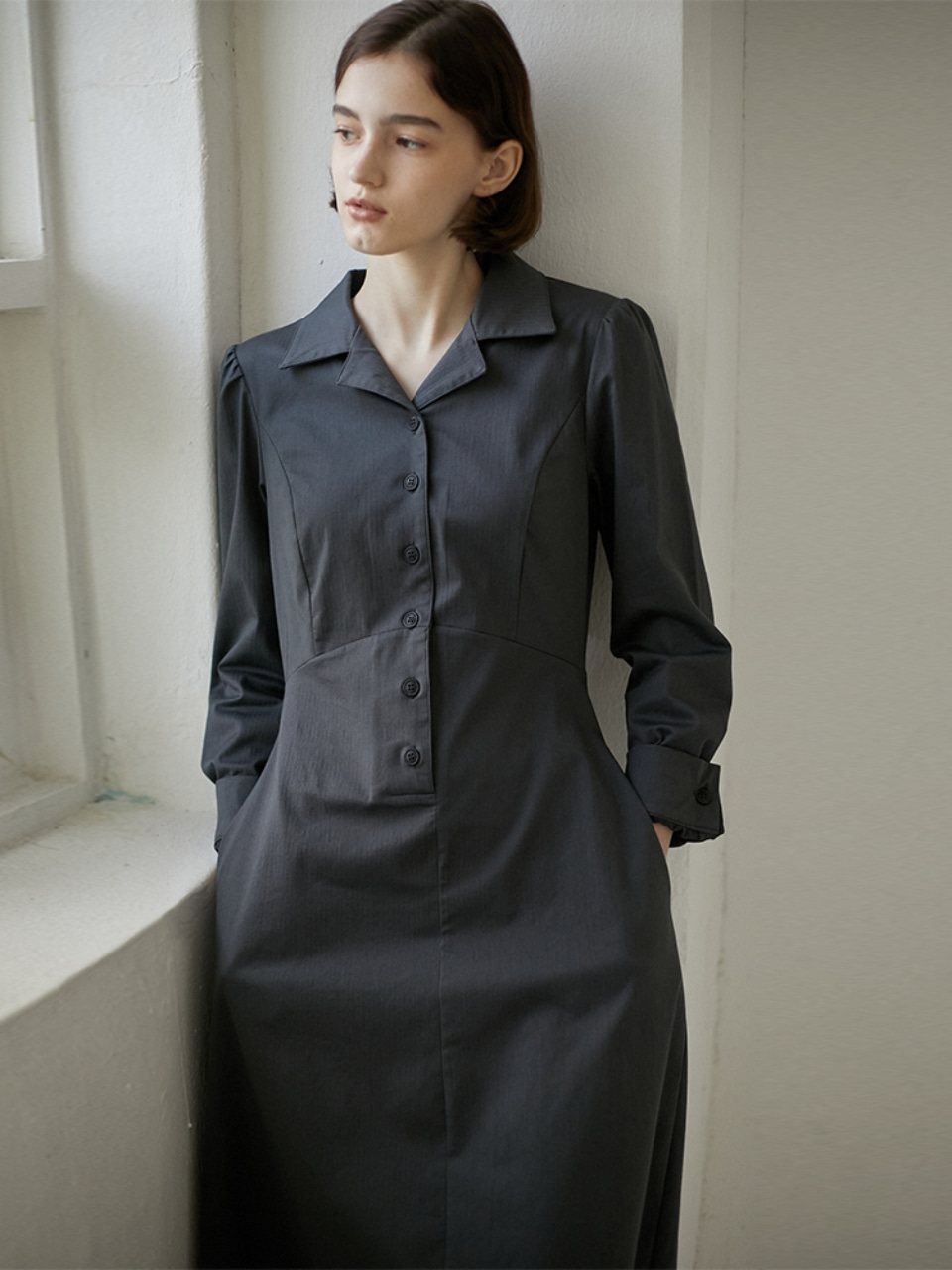 Herringbone Shirring Button Dress - Charcoal
